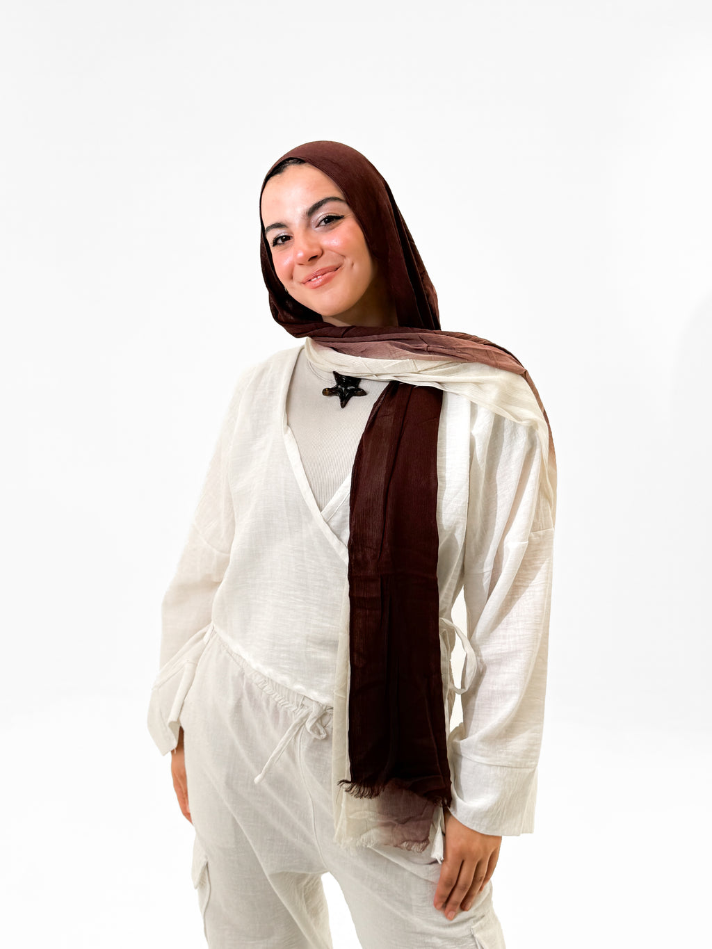 Gradient Linen Scarf - Brown & Off white