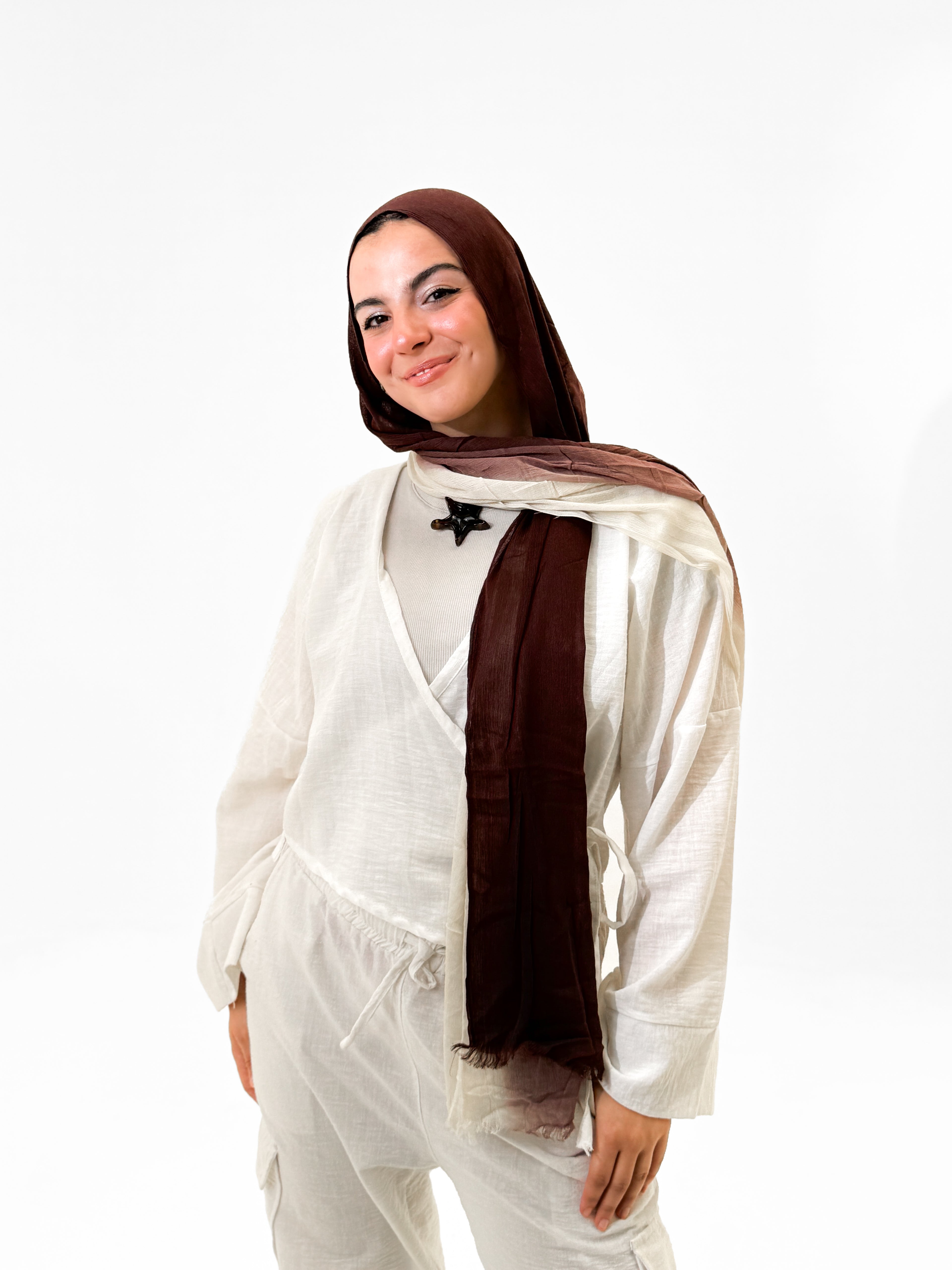 Gradient Linen Scarf - Brown & Off white
